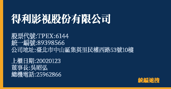 得利影視股份有限公司 股票代號 TPEX:6144 統編 89398566 上櫃公司基本資料圖