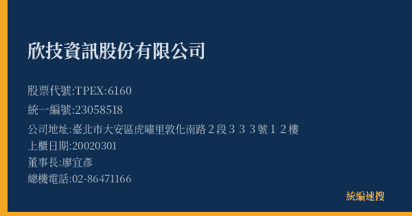 欣技資訊股份有限公司 股票代號 TPEX:6160 統編 23058518 上櫃公司基本資料圖