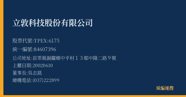 立敦科技股份有限公司 股票代號 TPEX:6175 統編 84607396 上櫃公司基本資料圖