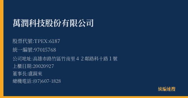 萬潤科技股份有限公司 股票代號 TPEX:6187 統編 97015768 上櫃公司基本資料圖