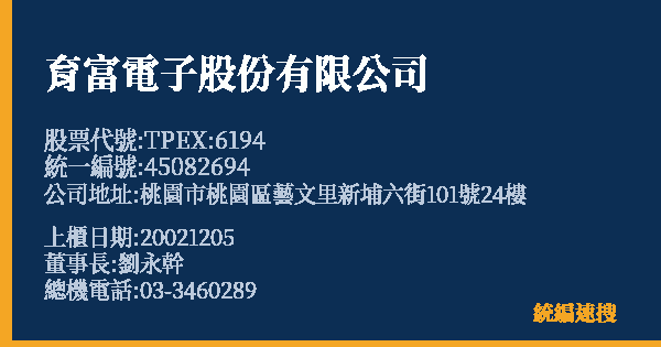 育富電子股份有限公司 股票代號 TPEX:6194 統編 45082694 上櫃公司基本資料圖