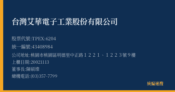 台灣艾華電子工業股份有限公司 股票代號 TPEX:6204 統編 43408984 上櫃公司基本資料圖
