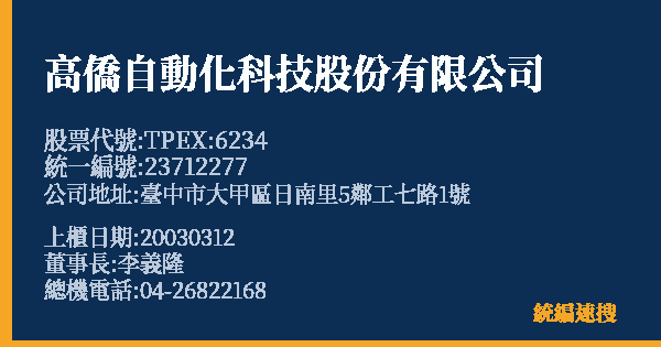高僑自動化科技股份有限公司 股票代號 TPEX:6234 統編 23712277 上櫃公司基本資料圖