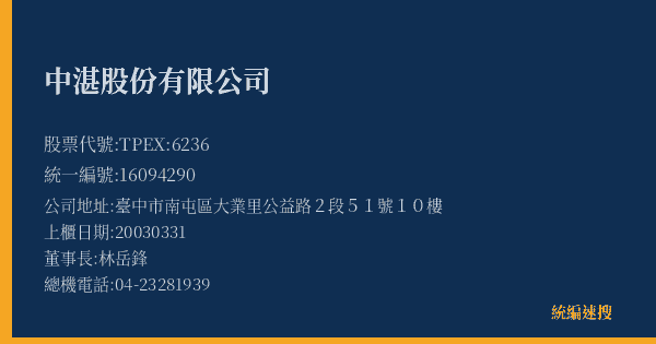中湛股份有限公司 股票代號 TPEX:6236 統編 16094290 上櫃公司基本資料圖