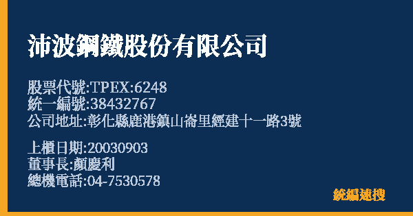 沛波鋼鐵股份有限公司 股票代號 TPEX:6248 統編 38432767 上櫃公司基本資料圖