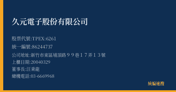 久元電子股份有限公司 股票代號 TPEX:6261 統編 86244737 上櫃公司基本資料圖
