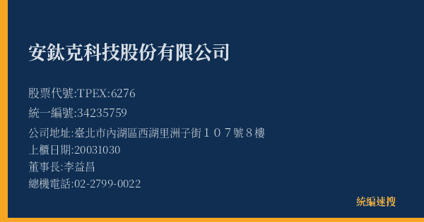 安鈦克科技股份有限公司 股票代號 TPEX:6276 統編 34235759 上櫃公司基本資料圖