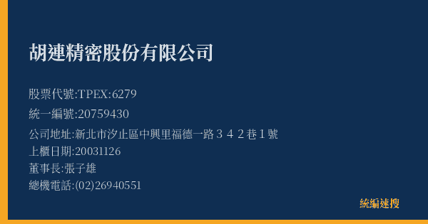 胡連精密股份有限公司 股票代號 TPEX:6279 統編 20759430 上櫃公司基本資料圖