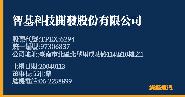 智基科技開發股份有限公司 股票代號 TPEX:6294 統編 97306837 上櫃公司基本資料圖