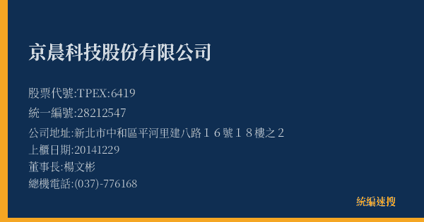 京晨科技股份有限公司 股票代號 TPEX:6419 統編 28212547 上櫃公司基本資料圖