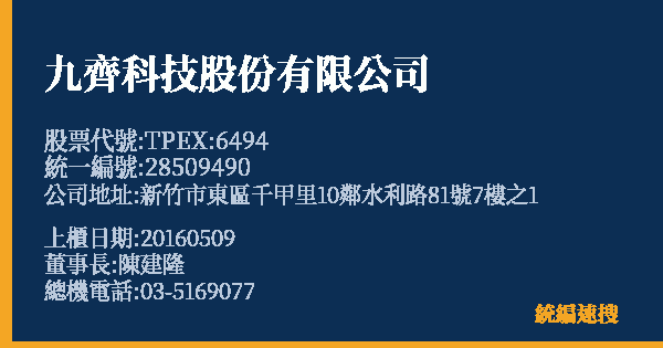 九齊科技股份有限公司 股票代號 TPEX:6494 統編 28509490 上櫃公司基本資料圖