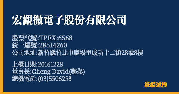 宏觀微電子股份有限公司 股票代號 TPEX:6568 統編 28514260 上櫃公司基本資料圖