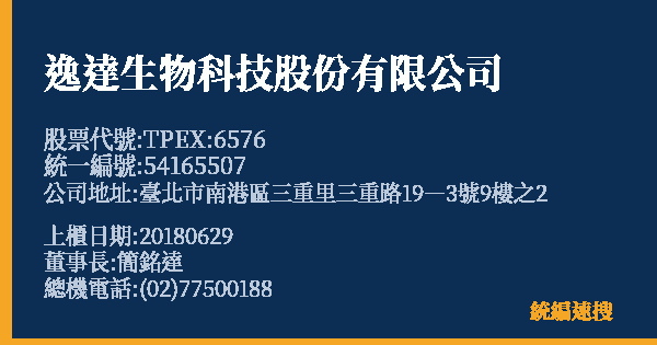 逸達生物科技股份有限公司 股票代號 TPEX:6576 統編 54165507 上櫃公司基本資料圖