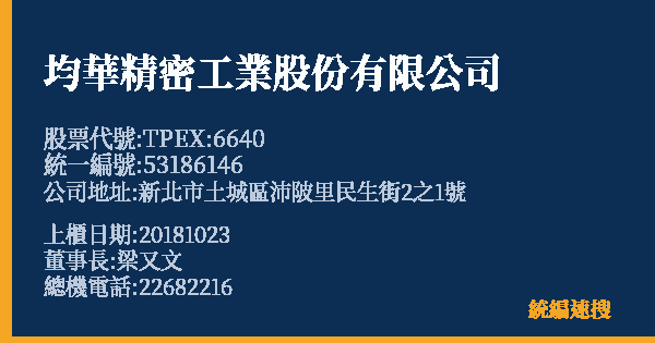 均華精密工業股份有限公司 股票代號 TPEX:6640 統編 53186146 上櫃公司基本資料圖