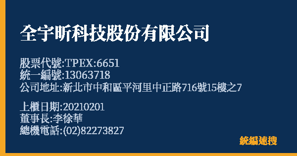 全宇昕科技股份有限公司 股票代號 TPEX:6651 統編 13063718 上櫃公司基本資料圖