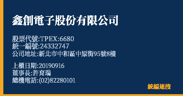 鑫創電子股份有限公司 股票代號 TPEX:6680 統編 24332747 上櫃公司基本資料圖