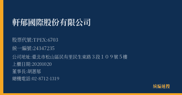 軒郁國際股份有限公司 股票代號 TPEX:6703 統編 24347235 上櫃公司基本資料圖