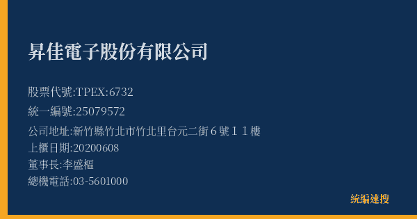 昇佳電子股份有限公司 股票代號 TPEX:6732 統編 25079572 上櫃公司基本資料圖