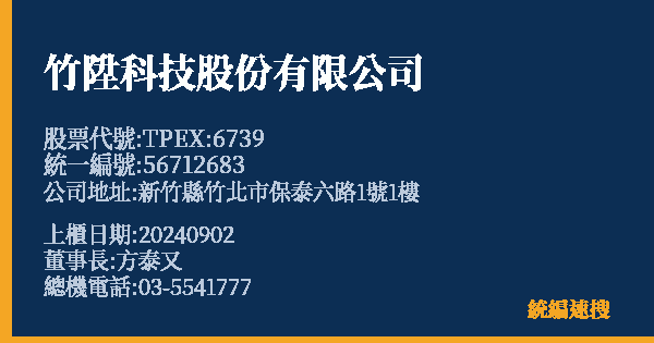 竹陞科技股份有限公司 股票代號 TPEX:6739 統編 56712683 上櫃公司基本資料圖