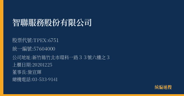 智聯服務股份有限公司 股票代號 TPEX:6751 統編 57604000 上櫃公司基本資料圖