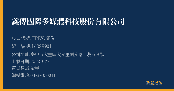鑫傳國際多媒體科技股份有限公司 股票代號 TPEX:6856 統編 16089901 上櫃公司基本資料圖