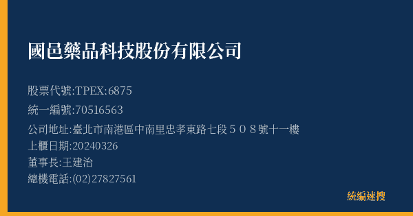 國邑藥品科技股份有限公司 股票代號 TPEX:6875 統編 70516563 上櫃公司基本資料圖