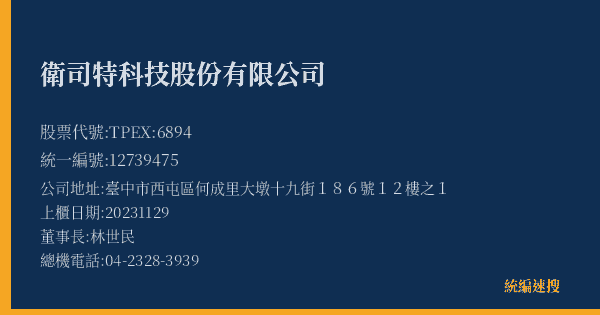 衛司特科技股份有限公司 股票代號 TPEX:6894 統編 12739475 上櫃公司基本資料圖