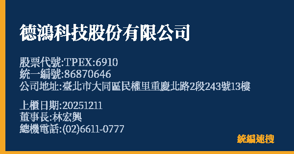 德鴻科技股份有限公司 股票代號 TPEX:6910 統編 86870646 上櫃公司基本資料圖