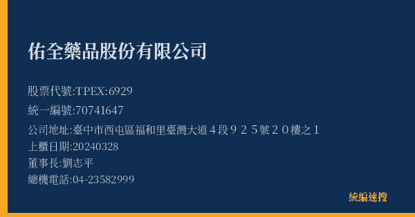 佑全藥品股份有限公司 股票代號 TPEX:6929 統編 70741647 上櫃公司基本資料圖