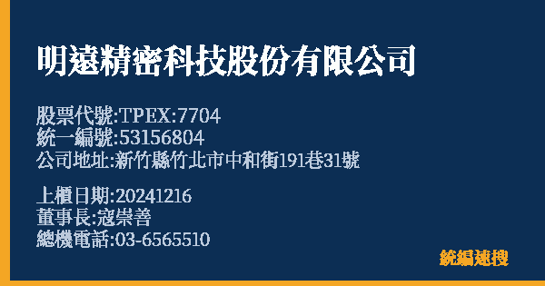 明遠精密科技股份有限公司 股票代號 TPEX:7704 統編 53156804 上櫃公司基本資料圖