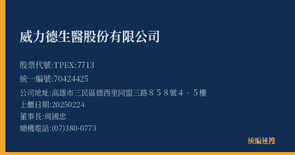 威力德生醫股份有限公司 股票代號 TPEX:7713 統編 70424425 上櫃公司基本資料圖