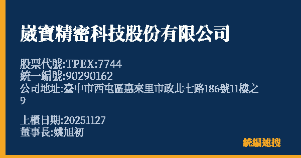 崴寶精密科技股份有限公司 股票代號 TPEX:7744 統編 90290162 上櫃公司基本資料圖