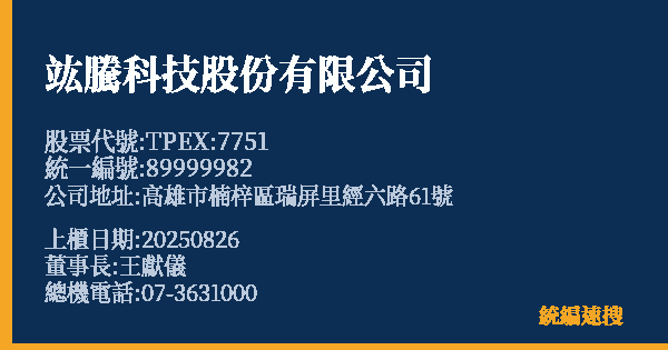 竑騰科技股份有限公司 股票代號 TPEX:7751 統編 89999982 上櫃公司基本資料圖