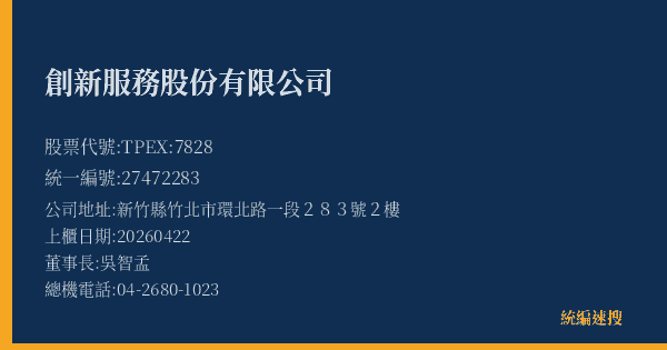 創新服務股份有限公司 股票代號 TPEX:7828 統編 27472283 上櫃公司基本資料圖