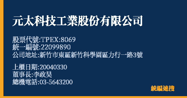 元太科技工業股份有限公司 股票代號 TPEX:8069 統編 22099890 上櫃公司基本資料圖