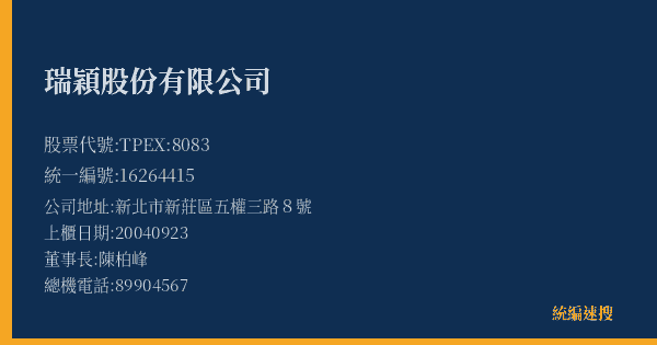 瑞穎股份有限公司 股票代號 TPEX:8083 統編 16264415 上櫃公司基本資料圖