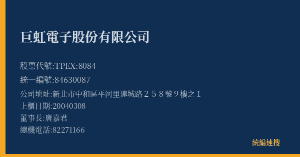 巨虹電子股份有限公司 股票代號 TPEX:8084 統編 84630087 上櫃公司基本資料圖