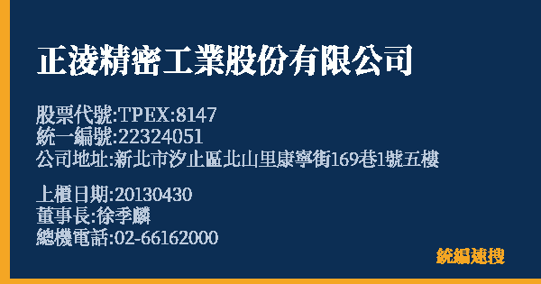 正淩精密工業股份有限公司 股票代號 TPEX:8147 統編 22324051 上櫃公司基本資料圖