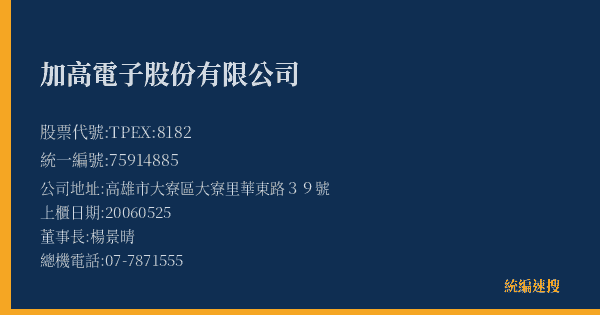 加高電子股份有限公司 股票代號 TPEX:8182 統編 75914885 上櫃公司基本資料圖