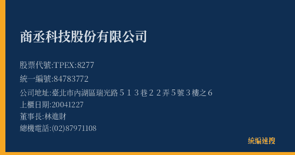 商丞科技股份有限公司 股票代號 TPEX:8277 統編 84783772 上櫃公司基本資料圖