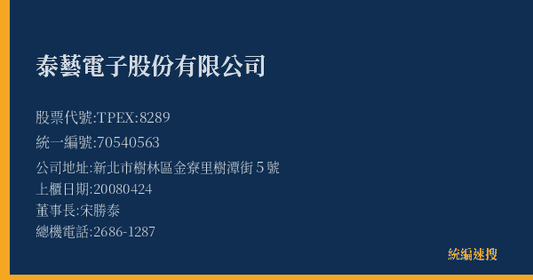 泰藝電子股份有限公司 股票代號 TPEX:8289 統編 70540563 上櫃公司基本資料圖