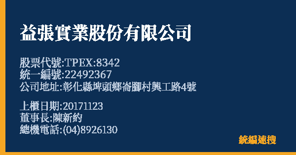 益張實業股份有限公司 股票代號 TPEX:8342 統編 22492367 上櫃公司基本資料圖