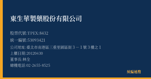 東生華製藥股份有限公司 股票代號 TPEX:8432 統編 53093421 上櫃公司基本資料圖