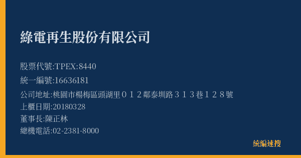 綠電再生股份有限公司 股票代號 TPEX:8440 統編 16636181 上櫃公司基本資料圖