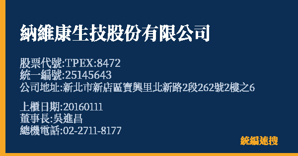 納維康生技股份有限公司 股票代號 TPEX:8472 統編 25145643 上櫃公司基本資料圖