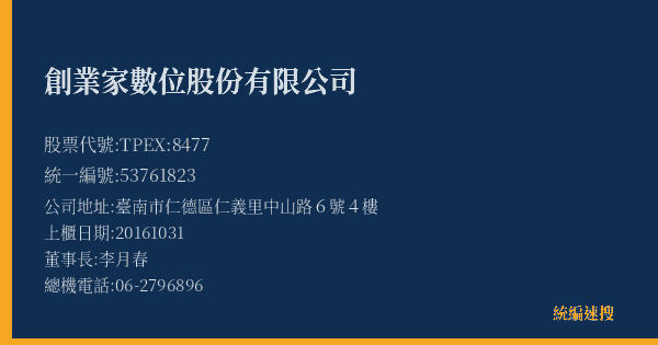 創業家數位股份有限公司 股票代號 TPEX:8477 統編 53761823 上櫃公司基本資料圖