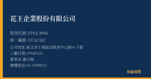 花王企業股份有限公司 股票代號 TPEX:8906 統編 33742362 上櫃公司基本資料圖