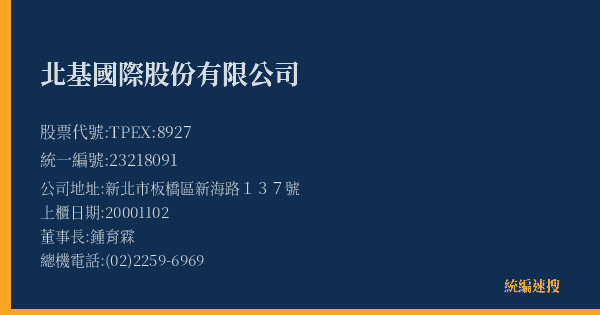 北基國際股份有限公司 股票代號 TPEX:8927 統編 23218091 上櫃公司基本資料圖