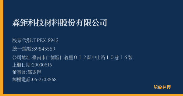 森鉅科技材料股份有限公司 股票代號 TPEX:8942 統編 89845559 上櫃公司基本資料圖