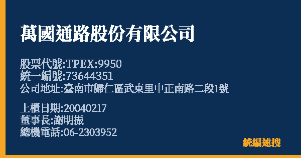 萬國通路股份有限公司 股票代號 TPEX:9950 統編 73644351 上櫃公司基本資料圖